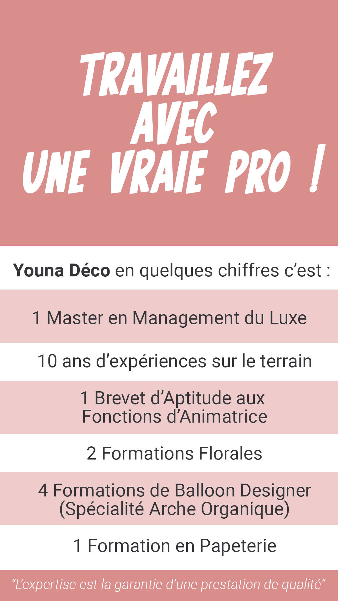 diplôme et compétence de la décoratrice florale Youna Déco pour les mariages anniversaires etc